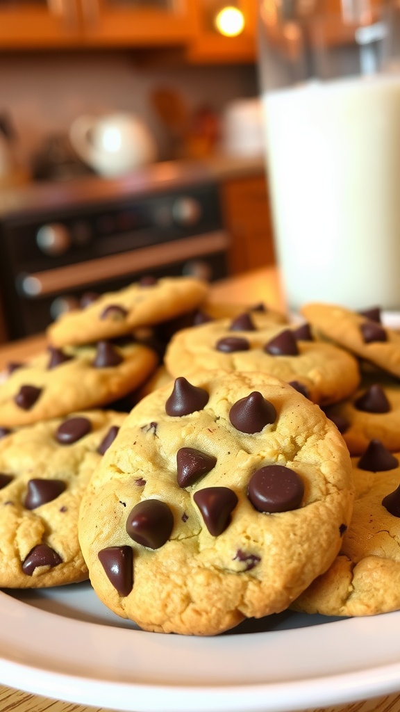Freshly baked chocolate chip cookies on a plate with a glass of milk in a cozy kitchen.